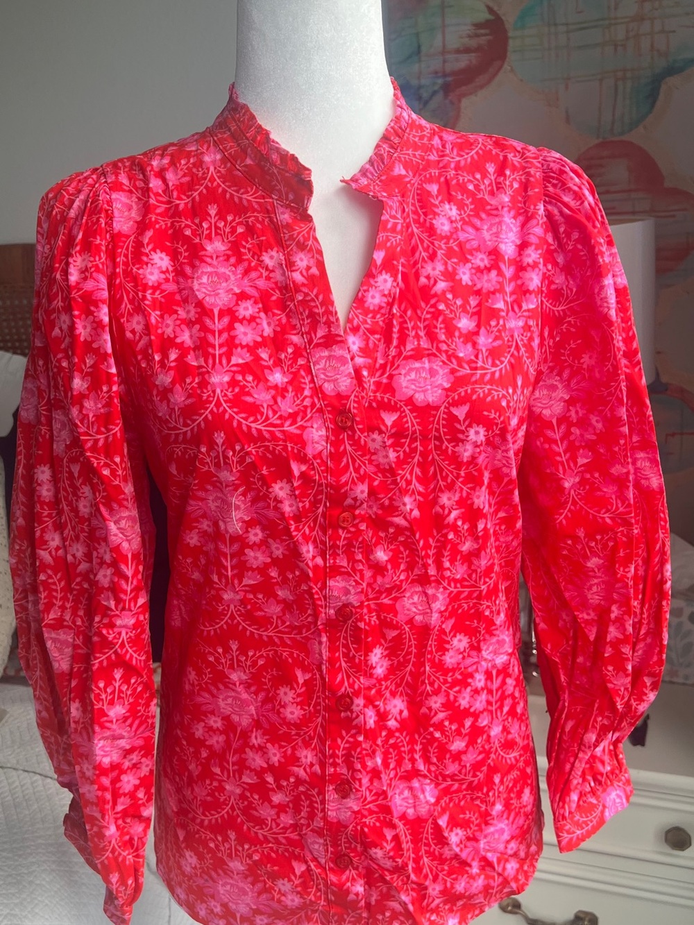 Sugarlips Bright Red Floral Button-Front Blouse